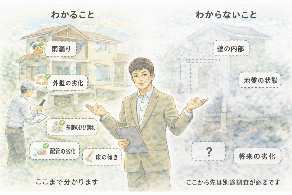 インスペクションは、中古住宅購入において非常に有効な手段ですが、「何でも分かる万能な検査」ではありません。ここでは、 インスペクションで分かること、 分からないこと・限界を整理し、 過度な期待や誤解を防ぐことを目的に解説します。