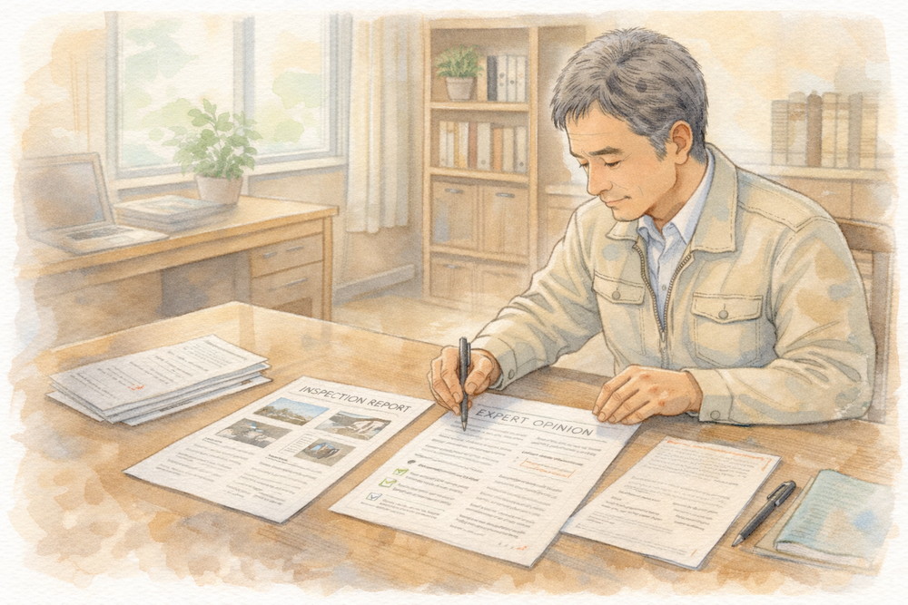 住宅調査で作成される調査報告書と意見書の役割を解説。事実を整理する報告書と、専門家の判断を示す意見書の違いを明確にし、住まい手が冷静に判断するための考え方を建築士の視点で説明します。
