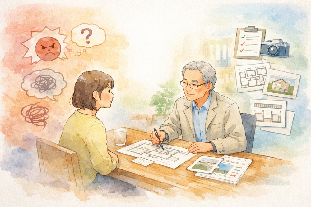 住宅の不具合や施工トラブルに気づいたとき、いきなり対立してしまうと問題はこじれやすくなります。本記事では、感情と事実を切り分け、冷静に状況を整理することで住宅紛争を防ぐ考え方を解説します。