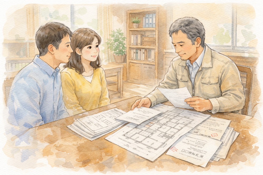 住宅調査における書類調査の重要性を解説。設計図や確認申請書から住宅の履歴や前提条件を読み取り、目視調査だけでは分からない背景やリスクを建築士の視点で分かりやすく説明します。