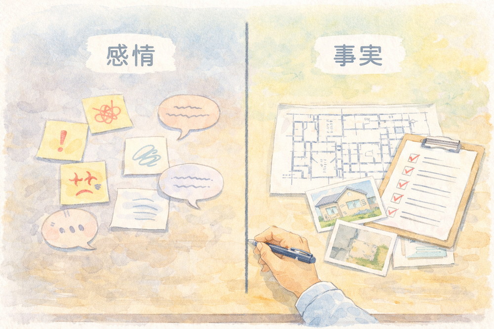 住宅トラブルでは、不安や怒りといった感情が先行しがちです。本記事では、感情を否定せずに受け止めつつ、事実と切り分けて冷静に判断するための考え方を建築士の視点から解説します。