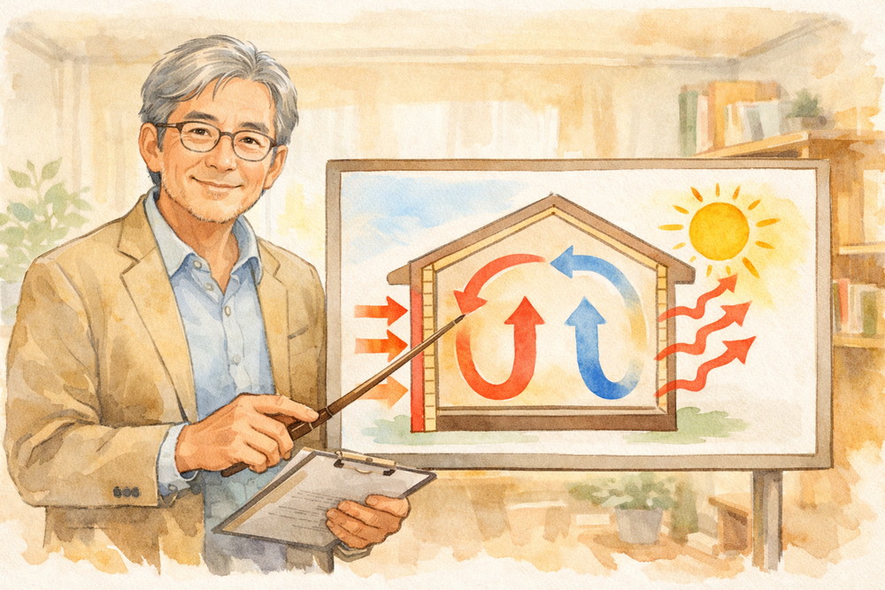 熱は「伝導・対流・輻射」の3つの仕組みで移動します。断熱の基本原理をわかりやすく解説し、住宅の暑さ・寒さの本当の原因を理解できる基礎知識を学びます。