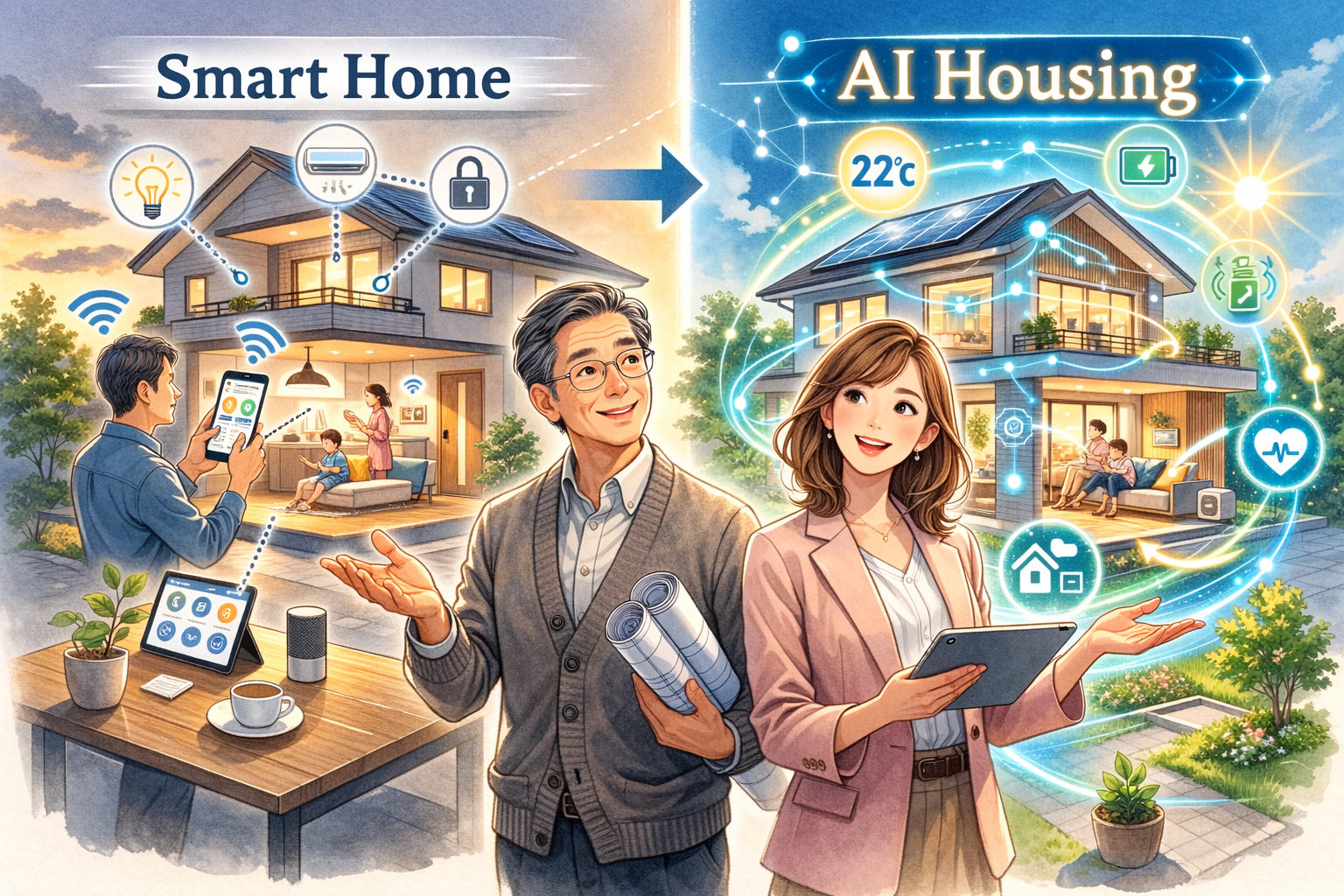 スマートホームとAI住宅は何が違うのか。操作中心の便利な家と、自律的に学習し安全・安心を守るAI住宅の本質的な違いを、建築士の視点からわかりやすく解説します。