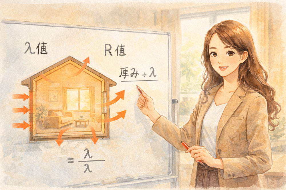 断熱材の性能は何で決まるのか？熱伝導率（λ値）と熱抵抗値（R値）、厚みの関係をやさしく解説し、本当に重要な断熱性能の見方をわかりやすく説明します。
