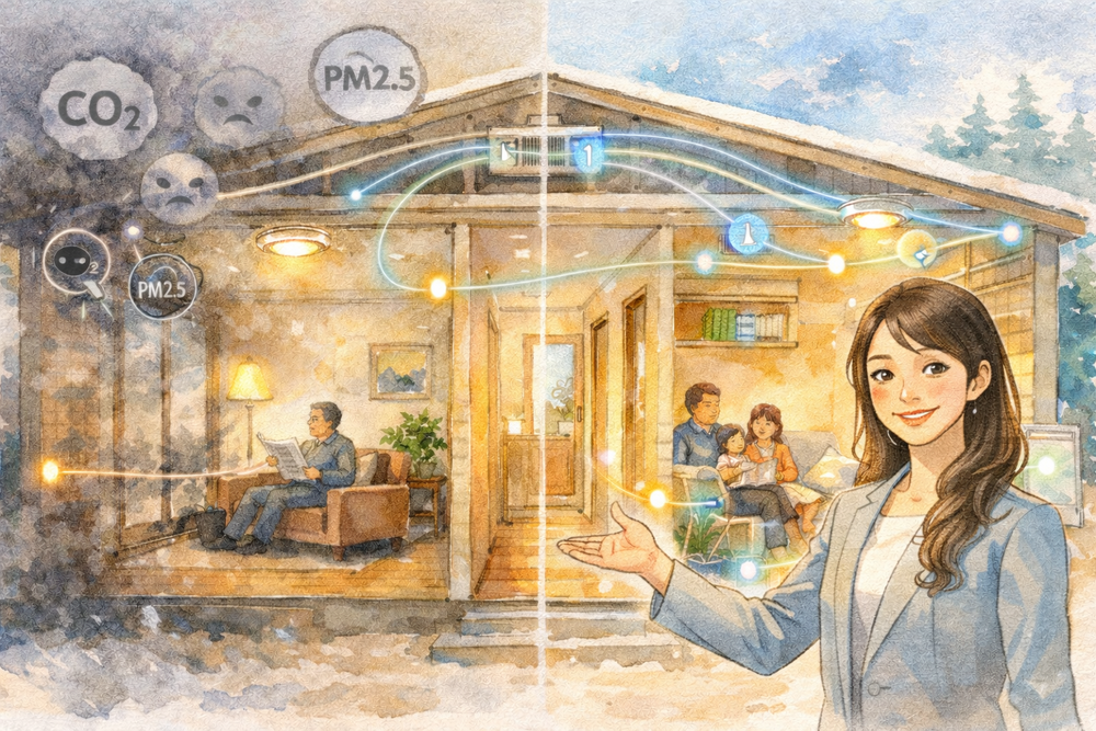AI住宅は、CO₂濃度・PM2.5・湿度などの室内空気環境をセンサーで常時監視し、換気や空気清浄、加湿・除湿を自動制御します。本記事では、空気質が健康に与える影響と、AIによる自動管理で快適で安全な住環境を実現する仕組みをわかりやすく解説します。