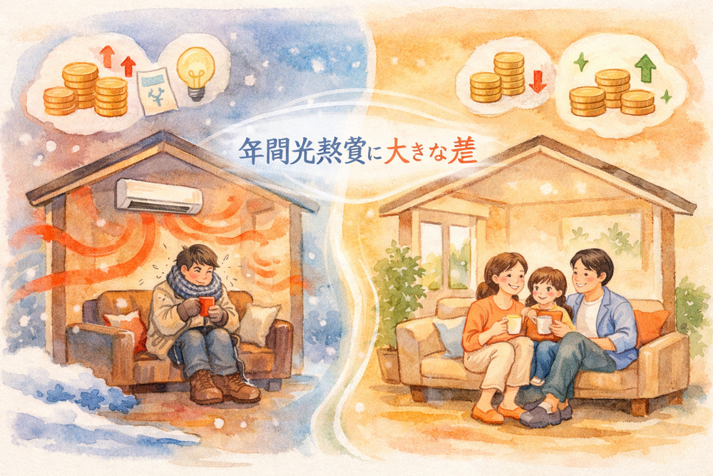 断熱性能で光熱費はどれくらい変わる？等級4〜7の年間光熱費の違いや実測データをもとに、断熱投資の効果をシミュレーションで解説。月5,000円の差がどれほどの価値になるのか、初期費用とのバランスもわかりやすく説明します。