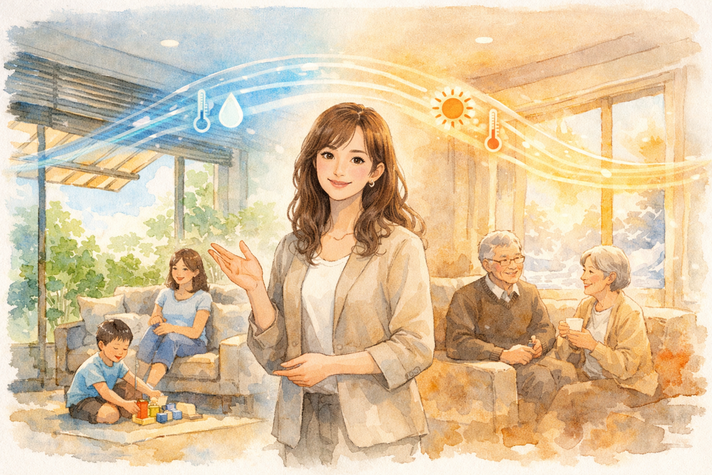 AIが季節や天候、生活リズムに応じて室内環境を自動で最適化。夏は熱を入れず、冬は暖かさを逃がさない住まいの仕組みを、わかりやすく解説します。快適性と健康を両立する未来の住まいづくりとは。