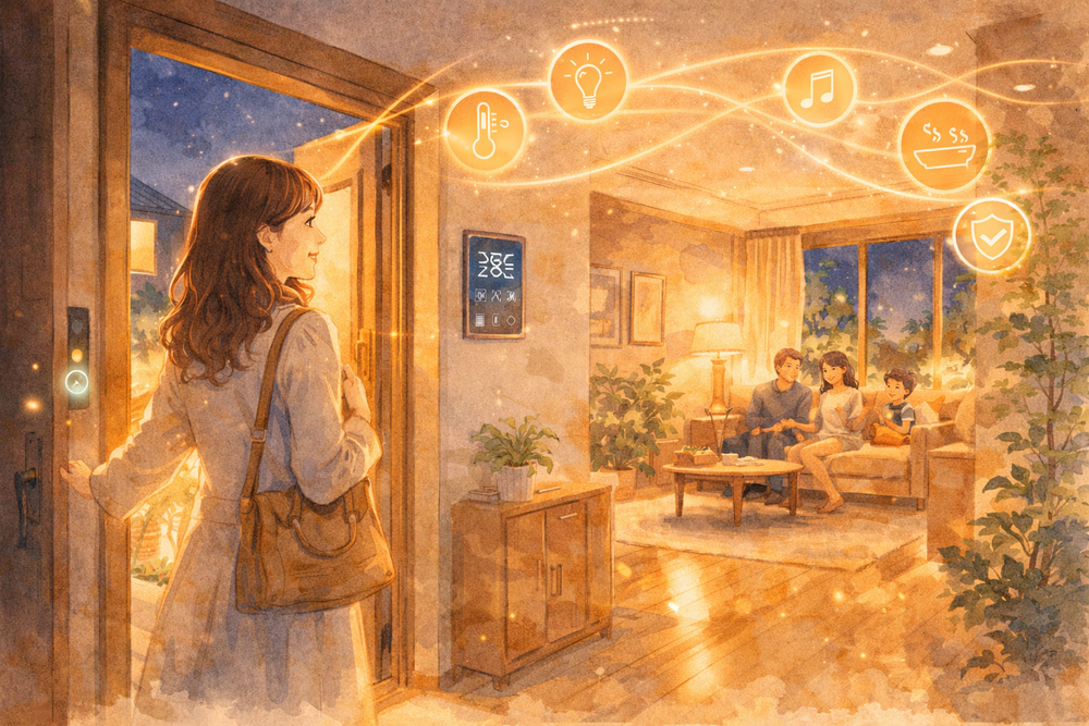 AIが帰宅時間を予測し、照明・空調・お風呂などを自動で準備。玄関を開けた瞬間から快適で安心な暮らしを実現する「迎える住まい」の仕組みを、やさしくわかりやすく解説します。