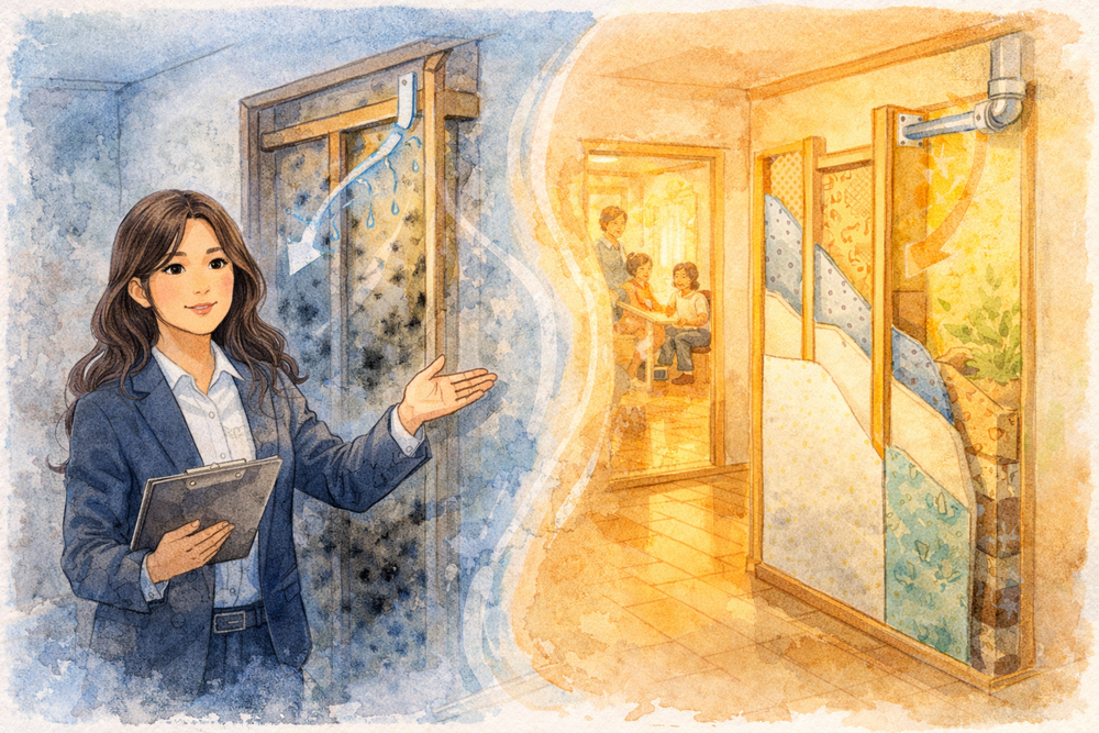 住宅内で発生する結露とカビの関係をわかりやすく解説。内部結露の危険性や健康への影響、断熱・気密・換気のバランスが重要な理由、そして根本的な対策まで、安心して暮らすための住まいづくりのポイントを詳しく紹介します。