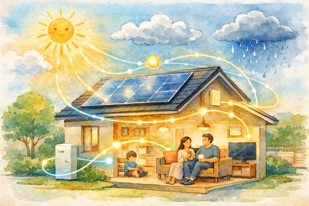 AIによる太陽光発電の予測制御とは何かをわかりやすく解説。天気や生活パターンを先読みし、発電・蓄電・消費を最適化することで、光熱費削減と快適な暮らしを実現する新しい住まいの仕組みを紹介します。