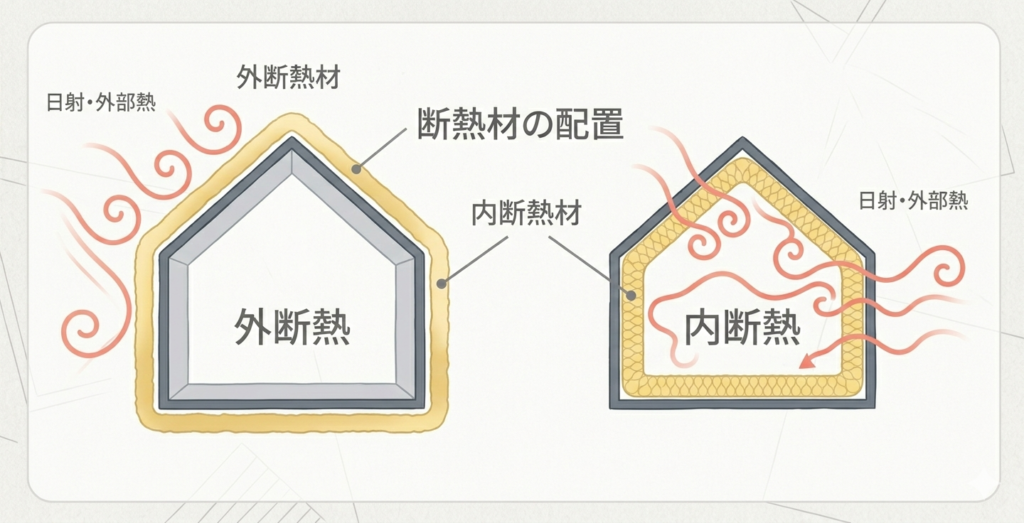 内断熱と外断熱のイメージ