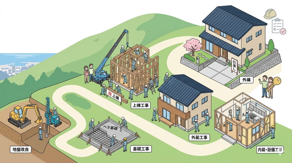 家づくりは地鎮祭の後に本番を迎えます。基礎工事から上棟、内装、そして引き渡しまで、注文住宅が完成するまでの全工程をプロの視点で分かりやすく解説。各段階で後悔しないための重要チェックポイントもご紹介します。