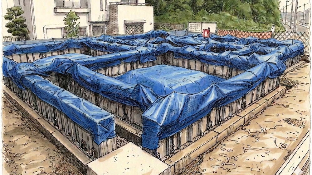 コンクリートの打設が終わると、シートを掛けて寒さから守る