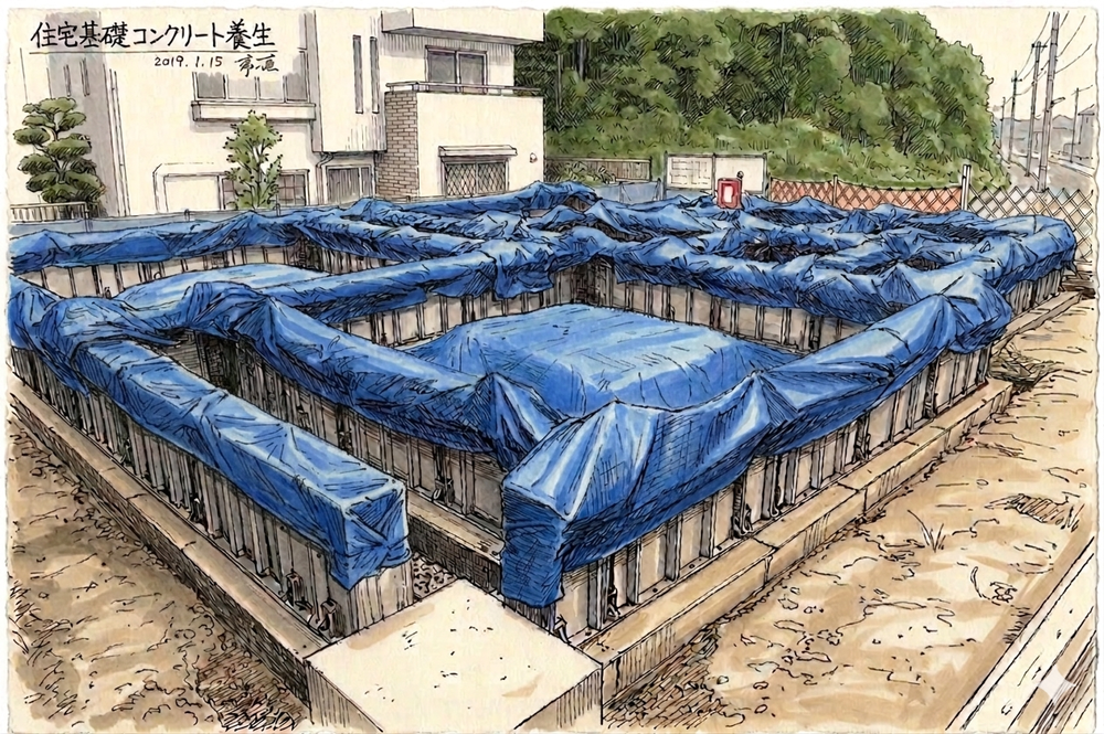 コンクリートの打設が終わると、シートを掛けて寒さから守る