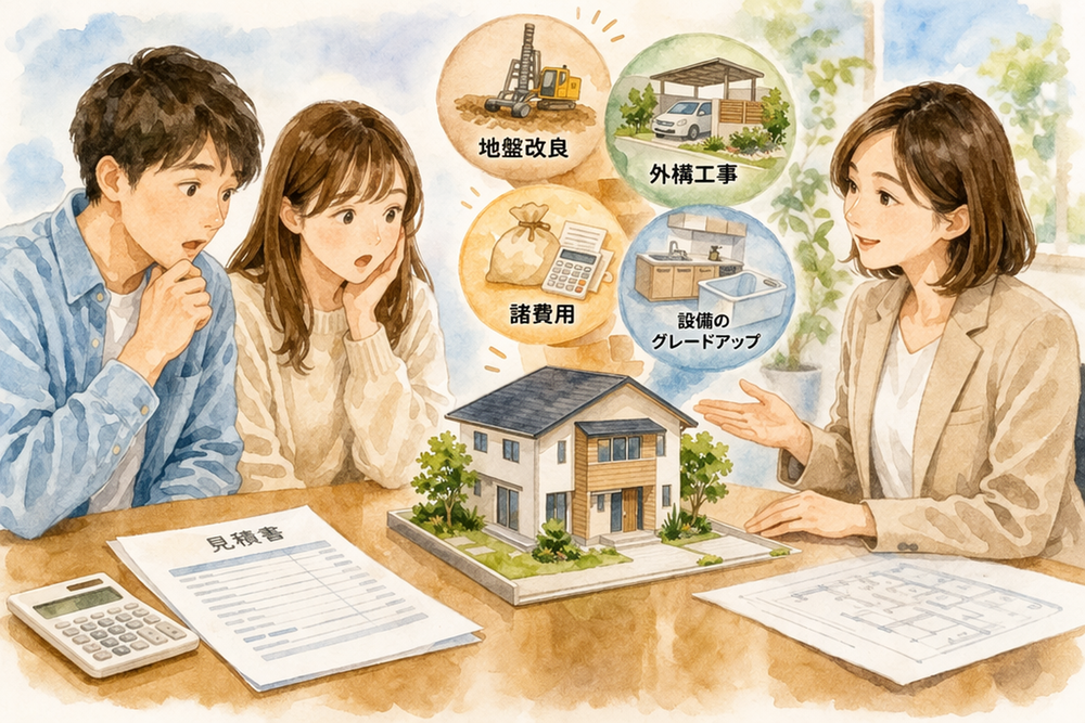家づくりで予算オーバーが起こる原因とは？建物価格だけの判断や地盤改良、外構、設備のグレードアップなど、よくある失敗例を具体的に解説。予算超過を防ぐための考え方と対策がわかります。