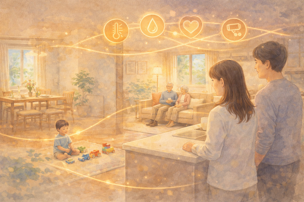 高齢者や子どもをやさしく見守る住環境とは？キッチンから家族全体を見渡せる間取りや、AI・センサーによる見守り機能など、安全で安心な住まいづくりのポイントをわかりやすく解説します。