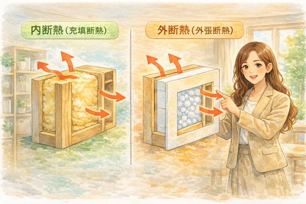 内断熱と外断熱の違いを施主向けにわかりやすく解説。メリット・デメリットや熱橋の考え方、HEAT20との関係まで整理し、後悔しない断熱工法の選び方を説明します。