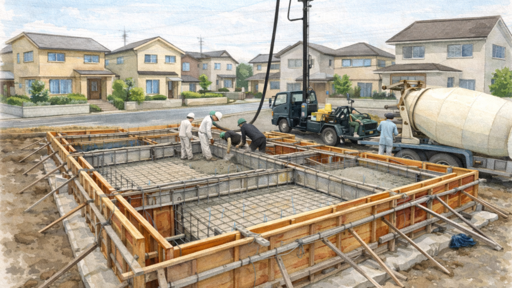 ポンプ車でコンクリートを打設する。