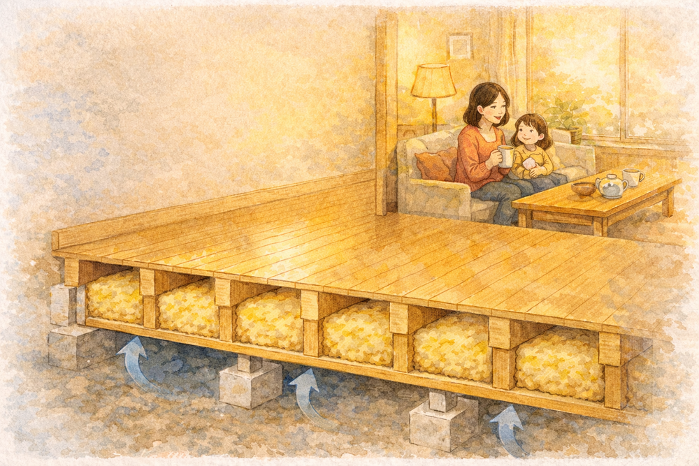 床断熱は、冬の足元の寒さを改善する大切な断熱改修です。本記事では、床断熱の仕組み、断熱材の入れ方、床下からの改修方法、施工時の注意点、床暖房との関係まで、わかりやすく解説します。