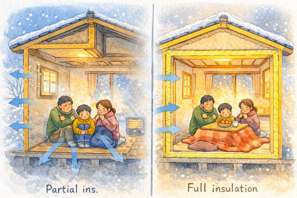 部分断熱と全面断熱では住宅の快適性に大きな差が生まれます。本記事では、窓や天井など一部だけの断熱改修の限界と、屋根・壁・床・窓をバランスよく断熱することの重要性を分かりやすく解説します。