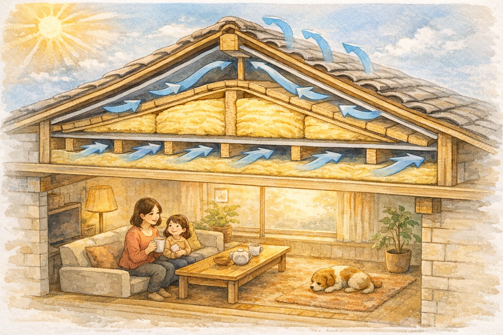 屋根外張り断熱は、屋根の外側に断熱材を施工する断熱方法で、勾配天井やロフトのある住宅に適しています。本記事では屋根外張り断熱の仕組み、メリット・デメリット、施工時の注意点をわかりやすく解説します。