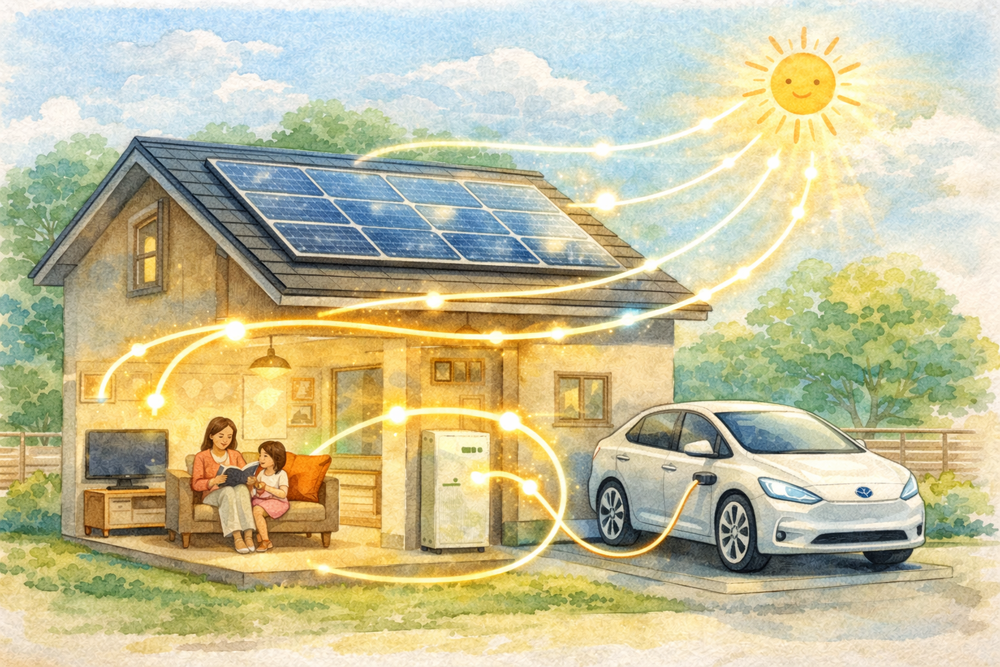 蓄電池とEV（電気自動車）を住宅と連携させることで、太陽光発電の電気を効率よくためて使う仕組みを解説。AI制御による最適化や災害時の電力確保など、これからのエネルギー自立型住宅のポイントをわかりやすく紹介します。