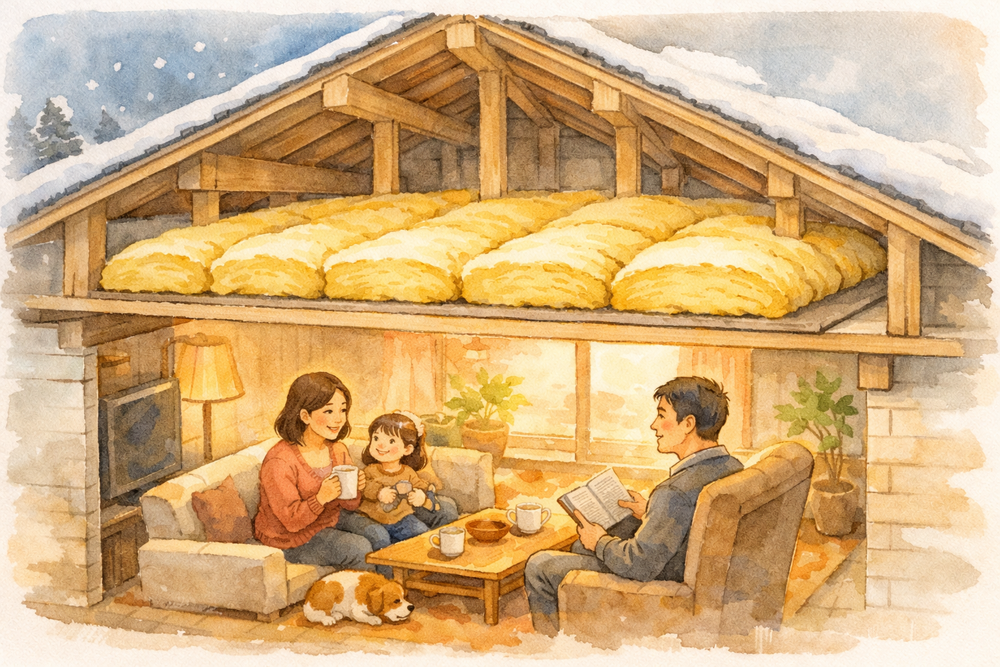 古い住宅の多くは天井の断熱が不足しています。天井断熱の追加は比較的簡単で費用対効果の高い断熱改修です。本記事では天井断熱の仕組み、施工方法、断熱材の厚さ、注意点をわかりやすく解説します。