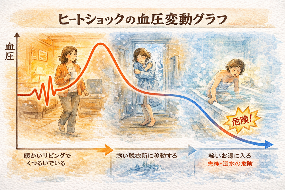 住宅内の温度差は血圧を大きく変動させ、ヒートショックの原因になります。本記事では、寒い廊下や脱衣所、浴室への移動で起こる血圧変化の仕組みと、断熱改善による予防の重要性をわかりやすく解説します。