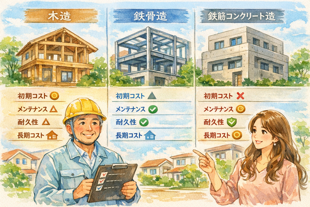 　家を建てる際には、現代では、木造、鉄骨造（S造）、および鉄筋コンクリート造（RC造）という3つの主要な構造があり、それぞれに特有の特徴、メリット、デメリットがあります。また、それぞれ、コストが異なり、これらの情報をもとに、適切な選択ができるように解説します。