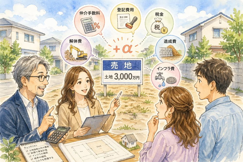 土地購入では、表示価格以外にも仲介手数料・登記費用・税金・解体費・造成費・インフラ整備費など多くの費用がかかります。本記事では「3％＋6万円」の意味も含め、諸費用の内訳と注意点をわかりやすく解説。総額で失敗しないための資金計画の考え方を具体的に紹介します。