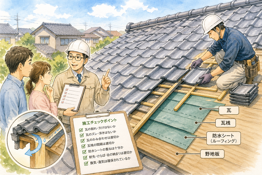 瓦の施工は、美しい仕上がりと長期にわたる耐久性を確保するために非常に重要です。以下に、瓦施工における注意点とチェックポイントを説明します。