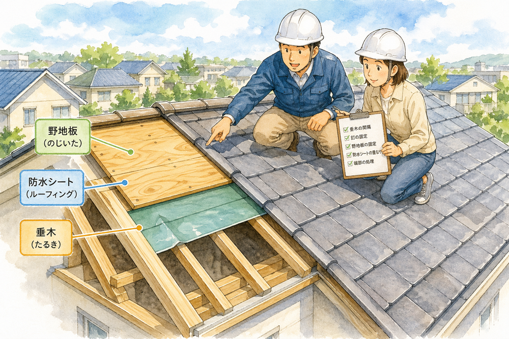 木造住宅の建築において、骨組み工事が終了すると次に行うのが屋根下地の作業です。屋根下地は建物の耐久性や断熱性、遮音性を左右する重要な要素です。ここでは、屋根下地のチェックポイントについて詳しく説明します。