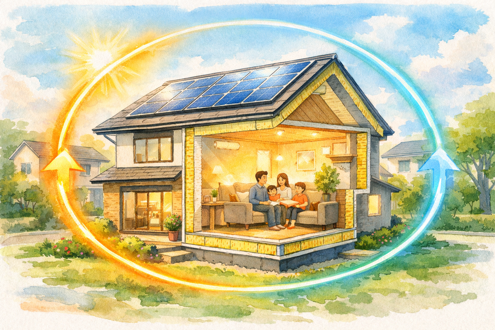 ZEH住宅とは何かをやさしく解説。高断熱・省エネ・太陽光発電によるエネルギー収支ゼロの仕組みやメリット・デメリット、今後の省エネ義務化との関係までわかりやすく紹介します。