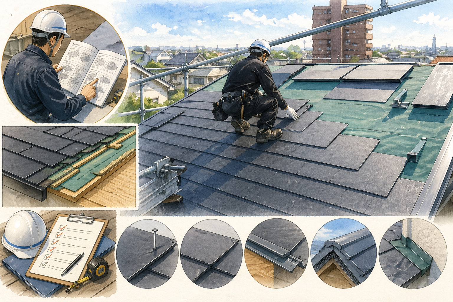 スレートの施工は、美しい仕上がりと長期にわたる耐久性を確保するために非常に重要です。以下に、スレート施工における注意点とチェックポイントを説明します。