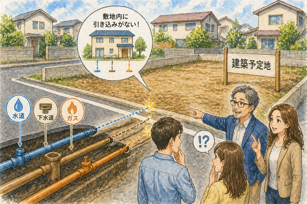 土地購入時に見落としがちなインフラ整備費について、水道・下水・ガスの引き込み条件や費用の目安をわかりやすく解説。「前面道路にある＝使える」という誤解や、配管距離・既存設備の劣化による追加費用など、実務でよくある注意点と対策を具体的に紹介します。