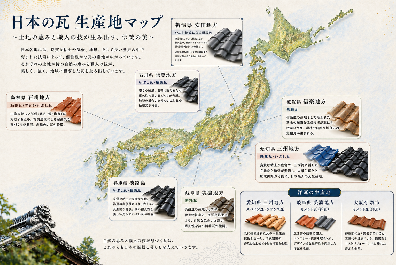 日本には、伝統的な日本瓦だけでなく、洋瓦の生産地も存在し、それぞれの地域で特徴的な瓦が生産されています。以下に、主要な瓦の生産地を紹介します。