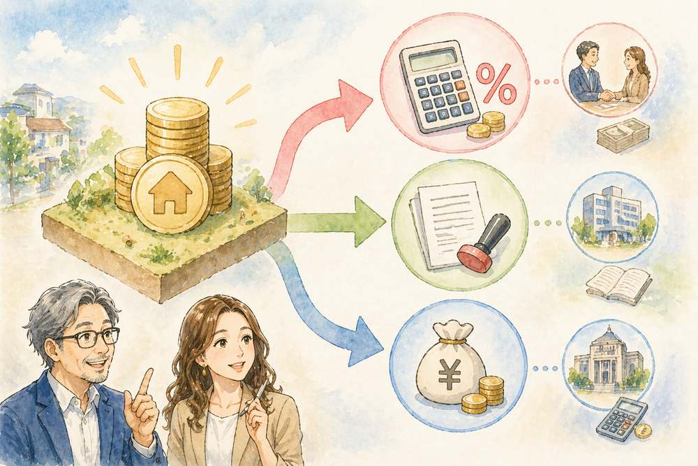 土地購入時に必ず発生する「仲介手数料」と「登記費用」について、計算方法・内訳・支払いタイミングをわかりやすく解説。「3％＋6万円」の意味や両手仲介の仕組み、費用の目安まで実務視点で紹介し、資金計画で失敗しないポイントを具体的に解説します
