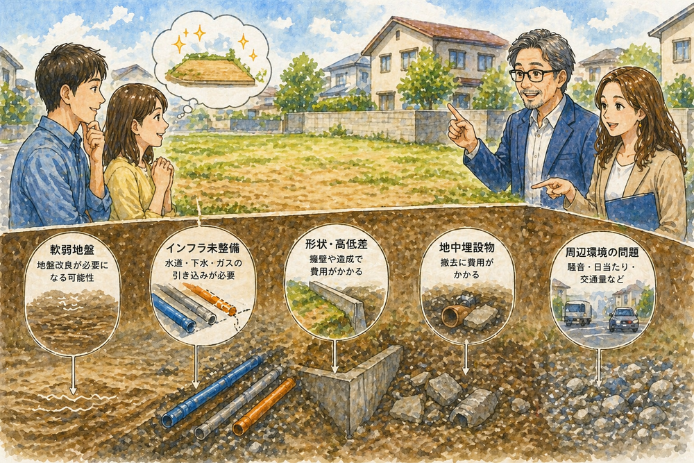 相場より安い土地には必ず理由があります。本記事では、地盤の弱さ・インフラ未整備・接道条件・形状や高低差・周辺環境・地中埋設物など、見えにくいリスクを実務視点で解説。追加費用の目安や確認方法、総額で判断するためのポイントを具体的に紹介します。