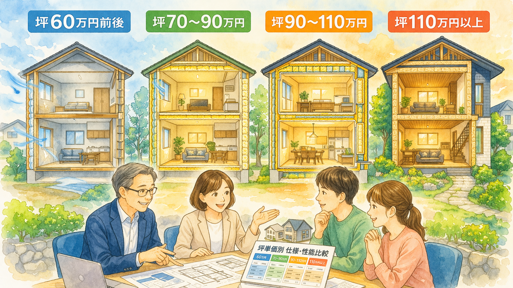 坪単価ごとの住宅の違いを、30〜40坪の木造住宅を前提に徹底解説。耐震等級・断熱等級・仕様・設備の違いを比較し、坪60万円〜110万円以上でどんな家が建つのかをわかりやすく整理。後悔しない家づくりの判断基準がわかります。