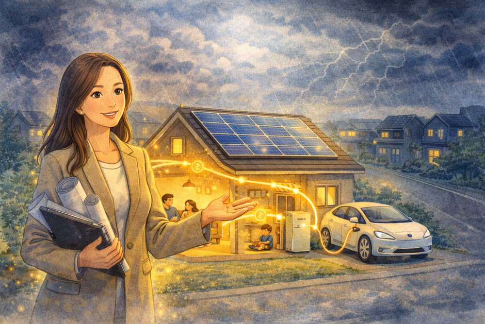 災害時でも電気が使える「自立型住宅」とは？太陽光発電・蓄電池・EV・AI制御を組み合わせ、停電時でも生活を維持する仕組みと安心につながる住まいの考え方をわかりやすく解説します。