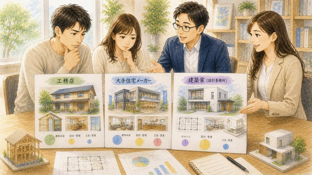 工務店・大手住宅メーカー・建築家で家の中身はどう変わる？同じ予算でも違いが出る理由と、お金の使われ方の本質を建築士がわかりやすく解説します。