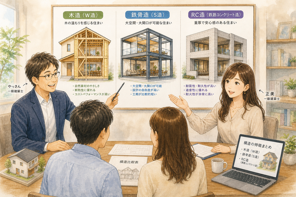 木造・鉄骨・RCの違いで建築費はどれだけ変わるのか？40坪の住宅を基準に、構造別の価格相場やコスト差の理由、費用対効果まで建築士がわかりやすく解説します。