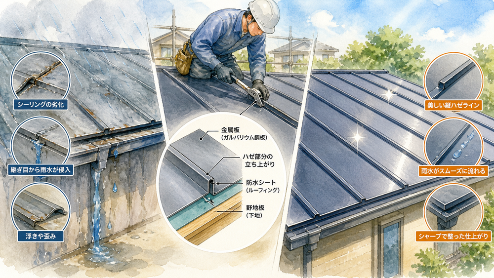 金属板葺き屋根の施工方法と注意点をわかりやすく解説。縦ハゼ葺き・瓦棒葺き・平葺き・一文字葺きの特徴から、防水対策や雨漏り防止のポイント、断熱・遮音・メンテナンスまで実務目線で詳しく紹介します。