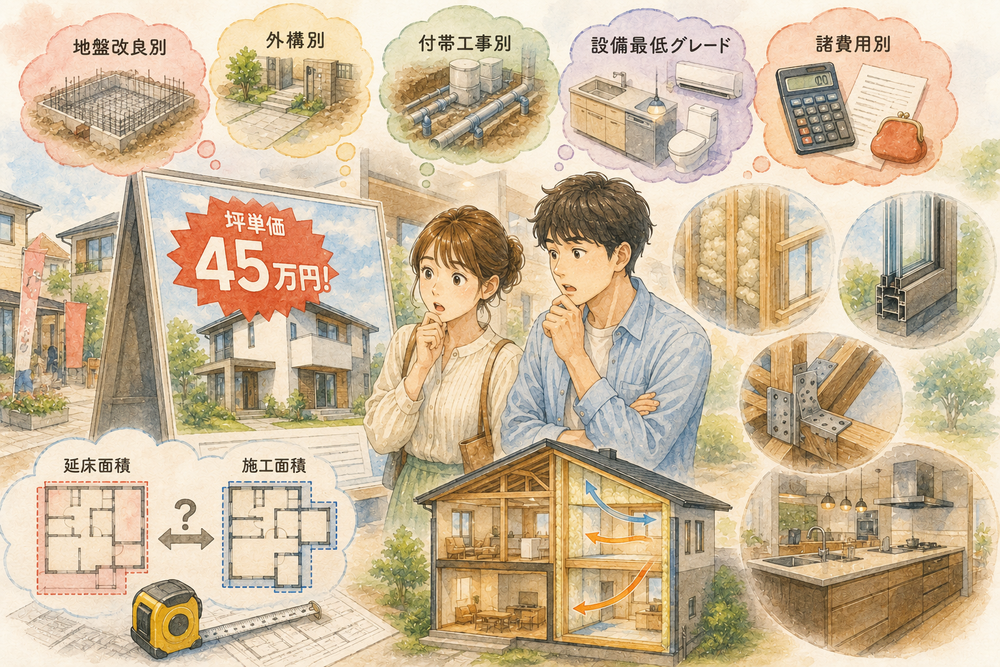 住宅の「坪単価」のカラクリを建築士が初心者向けにわかりやすく解説。坪単価の計算方法、延床面積と施工面積の違い、会社ごとに異なる内訳、「安い坪単価」の落とし穴、本当に比較すべきポイントや総額で考える重要性まで詳しく説明します。