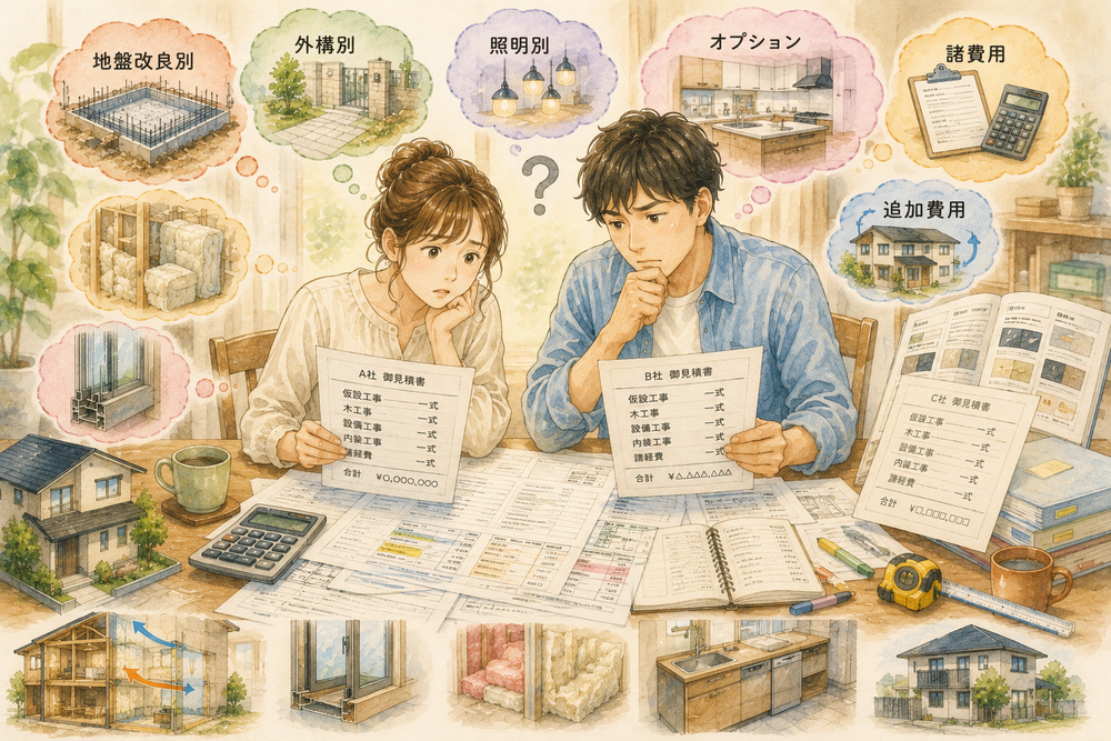 住宅会社の見積書の正しい読み方を建築士が初心者向けにわかりやすく解説。「一式」表記の注意点、追加費用が発生する理由、付帯工事や諸費用の確認方法、複数社比較のポイント、価格だけで判断してはいけない理由まで詳しく説明します。
