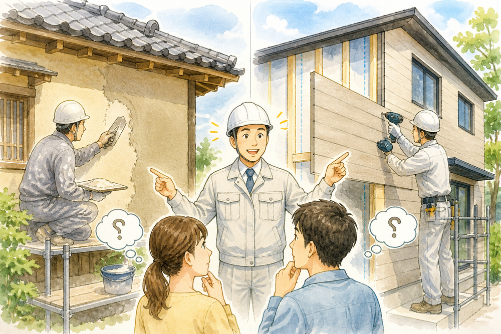 現代の木造住宅において、外壁の施工方法として主に「乾式工法」と「湿式工法」の2種類があります。これらの工法はそれぞれに特徴やメリット、デメリットがあり、住宅のデザインや施工条件に応じて選ばれています。ここでは、各工法の詳細をわかりやすく整理して説明します。