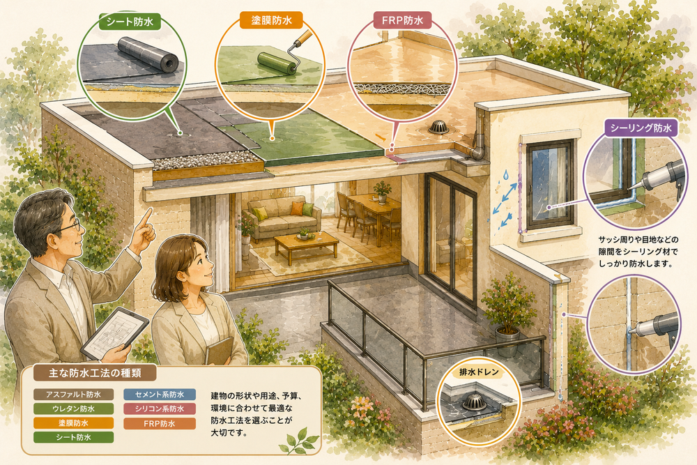 雨漏りを防ぐために欠かせない防水工事の基本をわかりやすく解説。メンブレン防水とシーリング防水の違いをはじめ、アスファルト防水・ウレタン防水・FRP防水・シート防水など各工法の特徴、メリット・デメリット、適した用途まで初心者向けに詳しく紹介します。