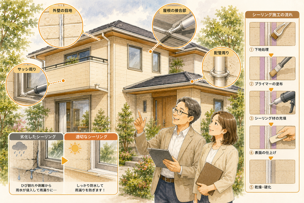 シーリング防水工法の基本を初心者向けにわかりやすく解説。シリコーン系・変成シリコーン系・ポリウレタン系など各シーリング材の特徴をはじめ、外壁目地・サッシ周り・屋根接合部への用途、施工手順、劣化症状、メンテナンス方法まで詳しく紹介します。