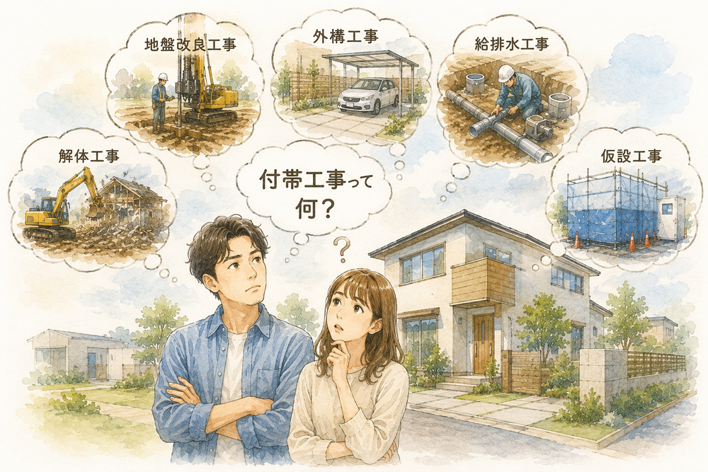 住宅の「付帯工事費」とは何かを建築士が初心者向けにわかりやすく解説。屋外給排水工事、地盤改良、外構工事、解体工事などの内容や、本体価格だけではわからない追加費用、土地条件による費用差、予算オーバーを防ぐポイントまで詳しく説明します。