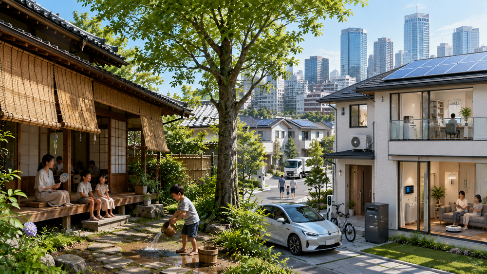 便利な暮らしの裏側で失われた自然との関わりや省エネの知恵を解説。大量消費やエネルギー依存が地球温暖化に与える影響を整理し、自然と共生しながら快適に暮らす未来の住まいづくりを紹介します。